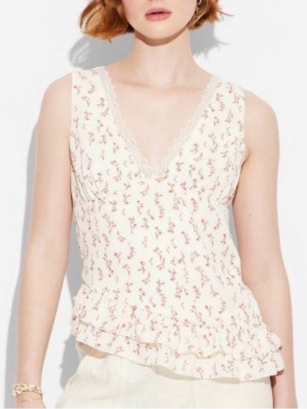 wild fable Cream Floral V-Neck Ruffle Cami with Red Print